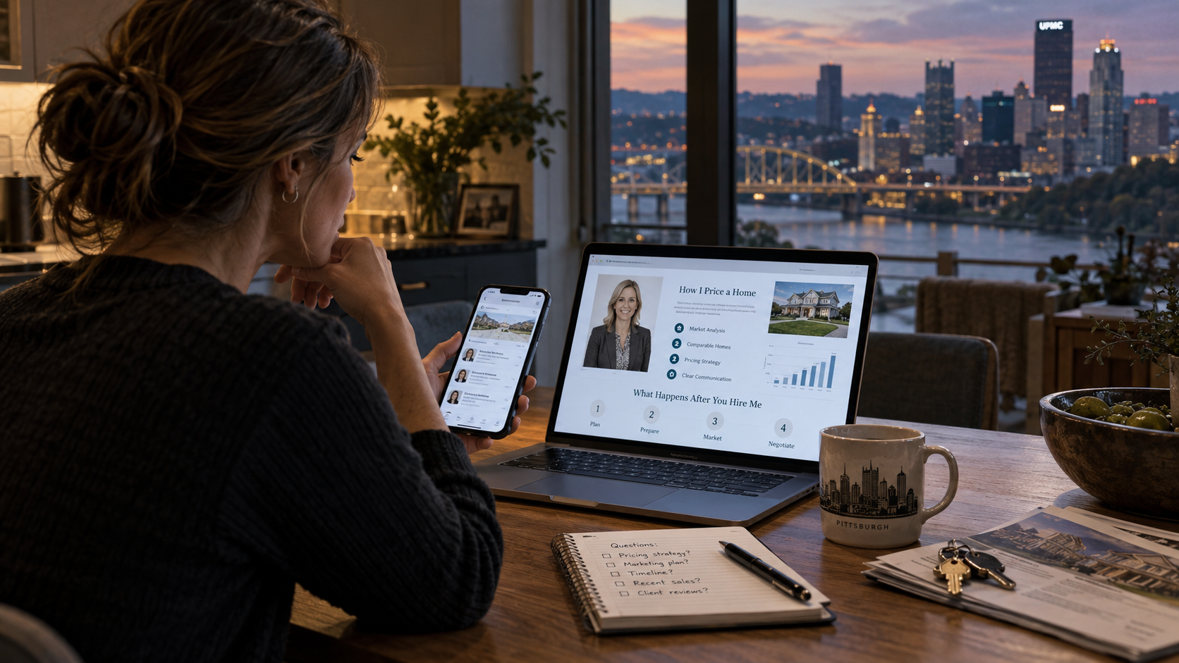 A realtor at a kitchen table at dusk reviewing how she prices a home on her laptop and phone, with the Pittsburgh skyline through the window.