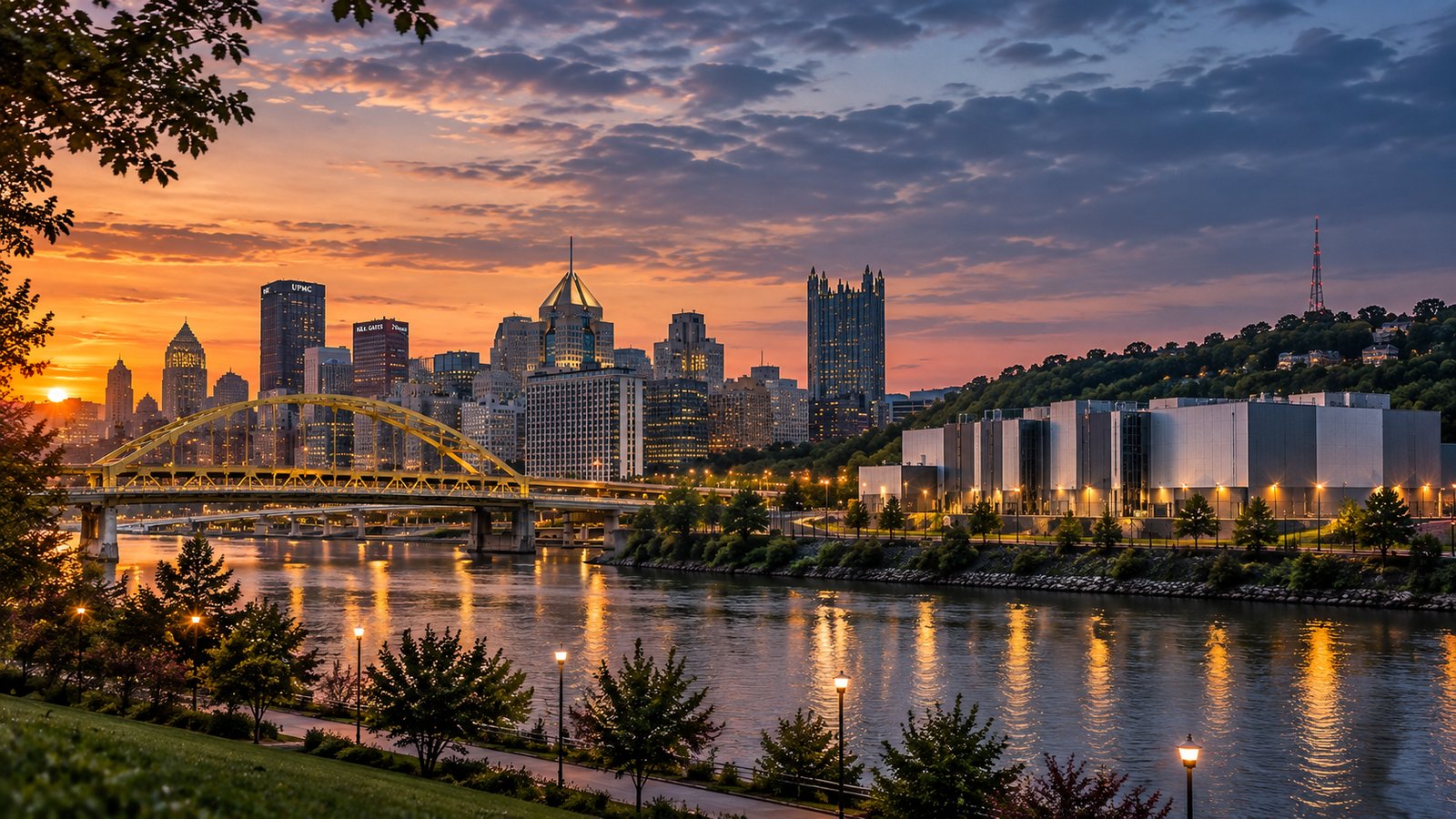 The Pittsburgh skyline at sunset behind a large data center campus, with South Hills neighborhoods and trees in the foreground.