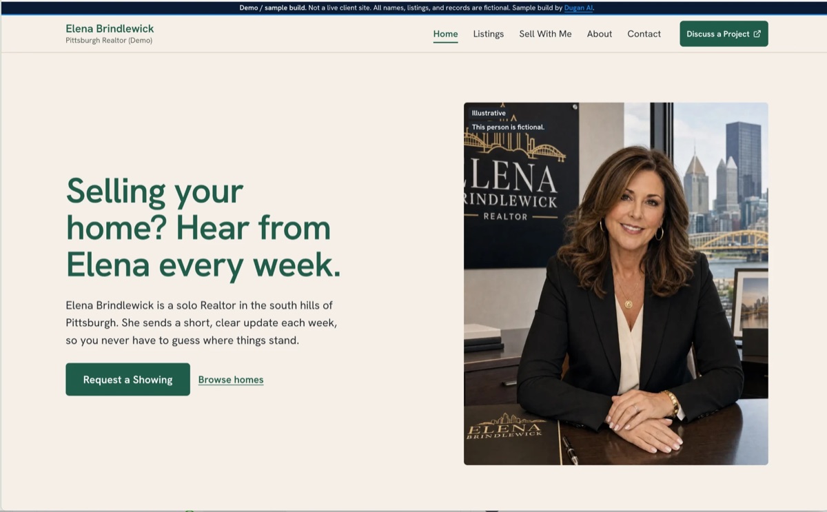 Home page of a live demo website for a fictional Pittsburgh Realtor, Elena Brindlewick: a demo notice at the top, a headline about weekly updates for sellers, and an illustrative portrait of a fictional agent.
