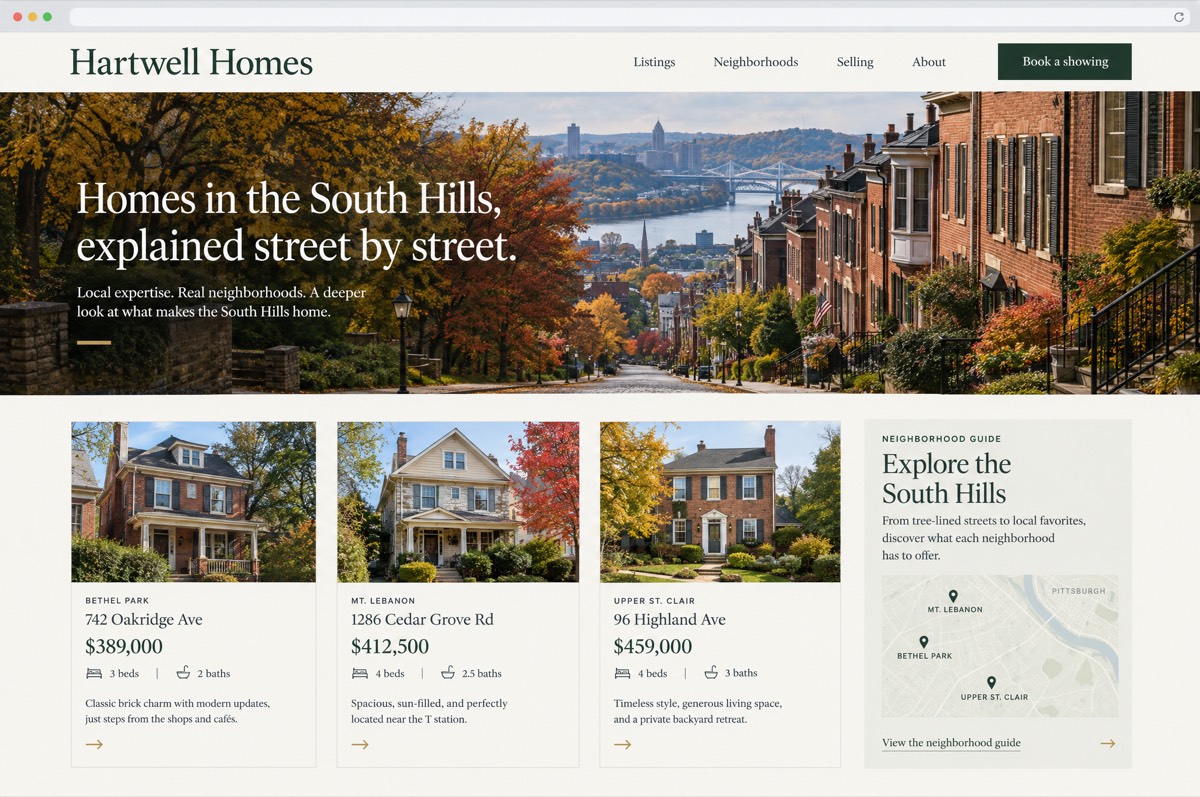 Concept screenshot of a real estate agent website for a fictional brokerage, Hartwell Homes: a South Hills street in the hero, three listing cards and a neighborhood guide with a small map.