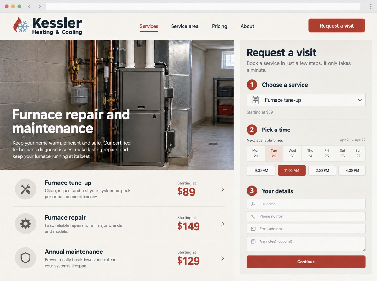 Concept screenshot of a website for a fictional heating and cooling company: a service page with starting prices beside a three-step visit request with a week calendar and time slots.